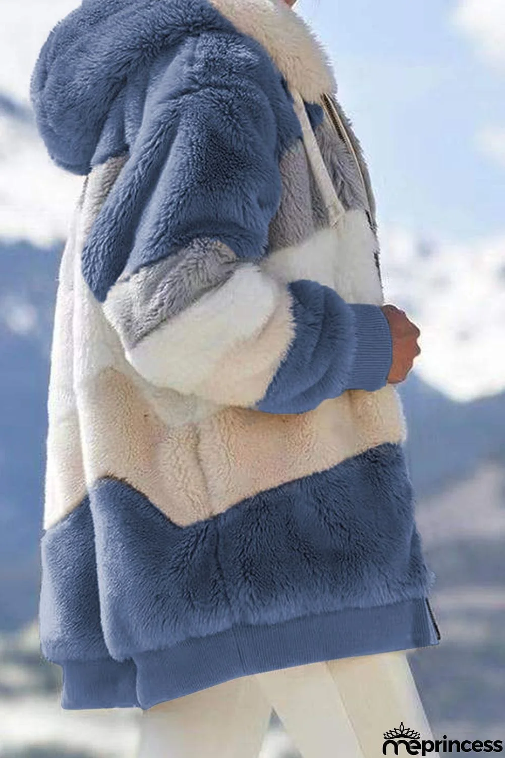 Colorblock Zip Up Sherpa Coat with Hooded