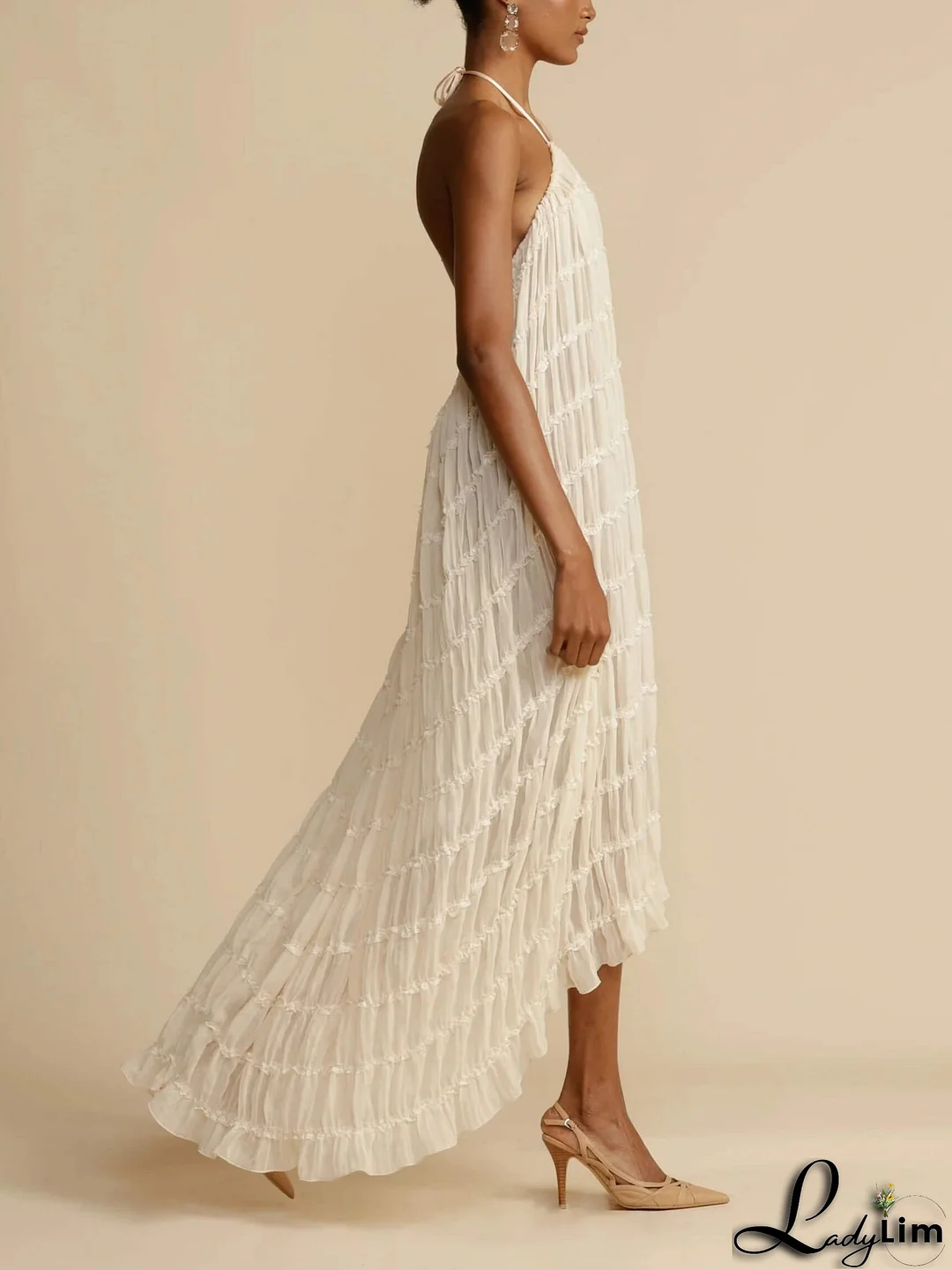 Charming Pleated Drawstring Waist Tiered Halterneck Midi Dress