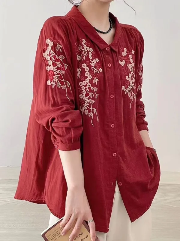 Literary Retro Embroidered Lapel Long-Sleeved Loose Shirt