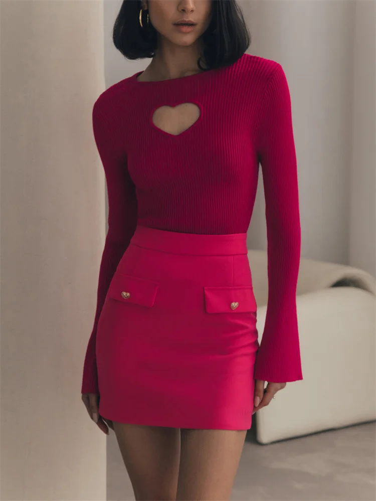 Uveng Uveng Tight Love Hollowed Out Knitted Sweater Women's Autumn And Winter Pure Color Knitted Tops Bottom Shirt