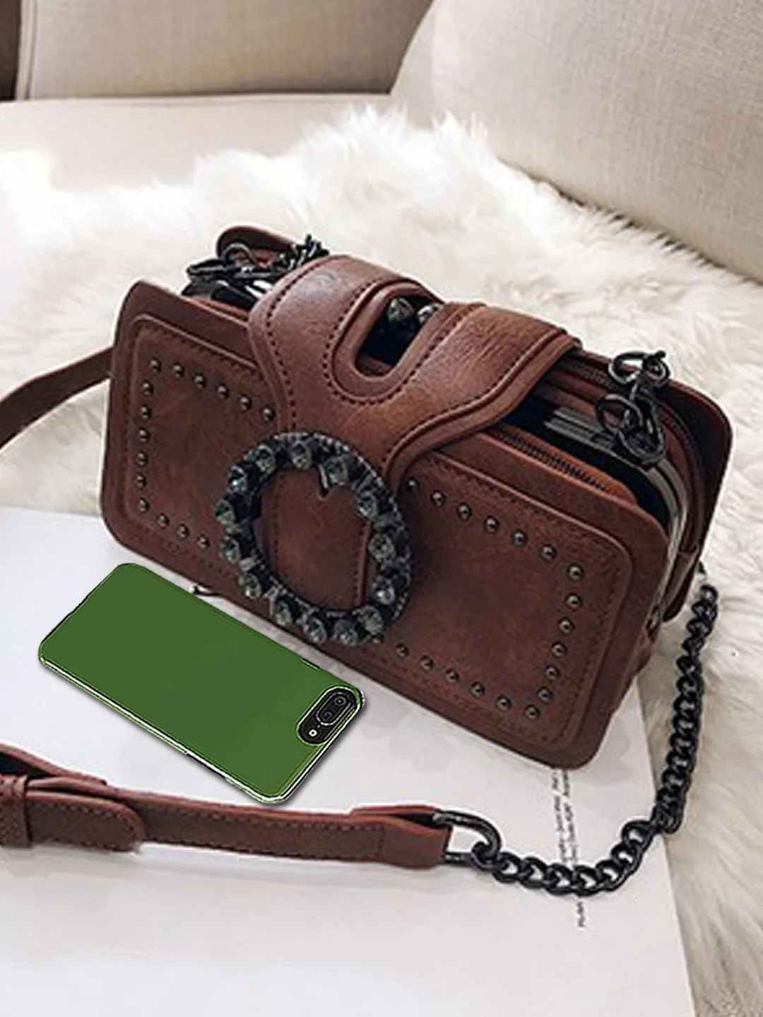 Square bag with studs and buckles