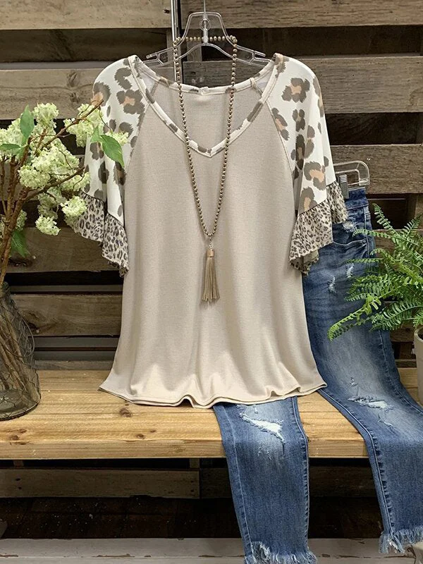 Western Style Women's Leopard Print Ruffle Sleeve Top