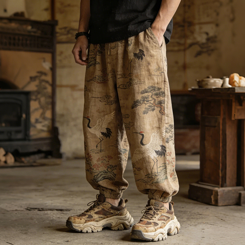 Men's Vintage Red-crowned Crane And Pine Japanese Art Print Casual Pants  artssus