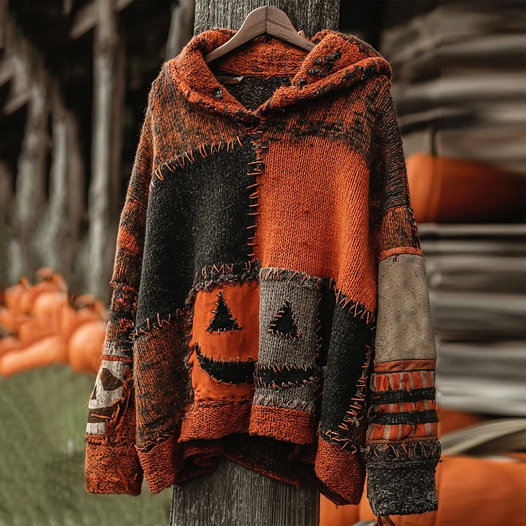Vintage Patchwork Halloween Pumpkin Face Art Cozy Knit Hooded Sweater