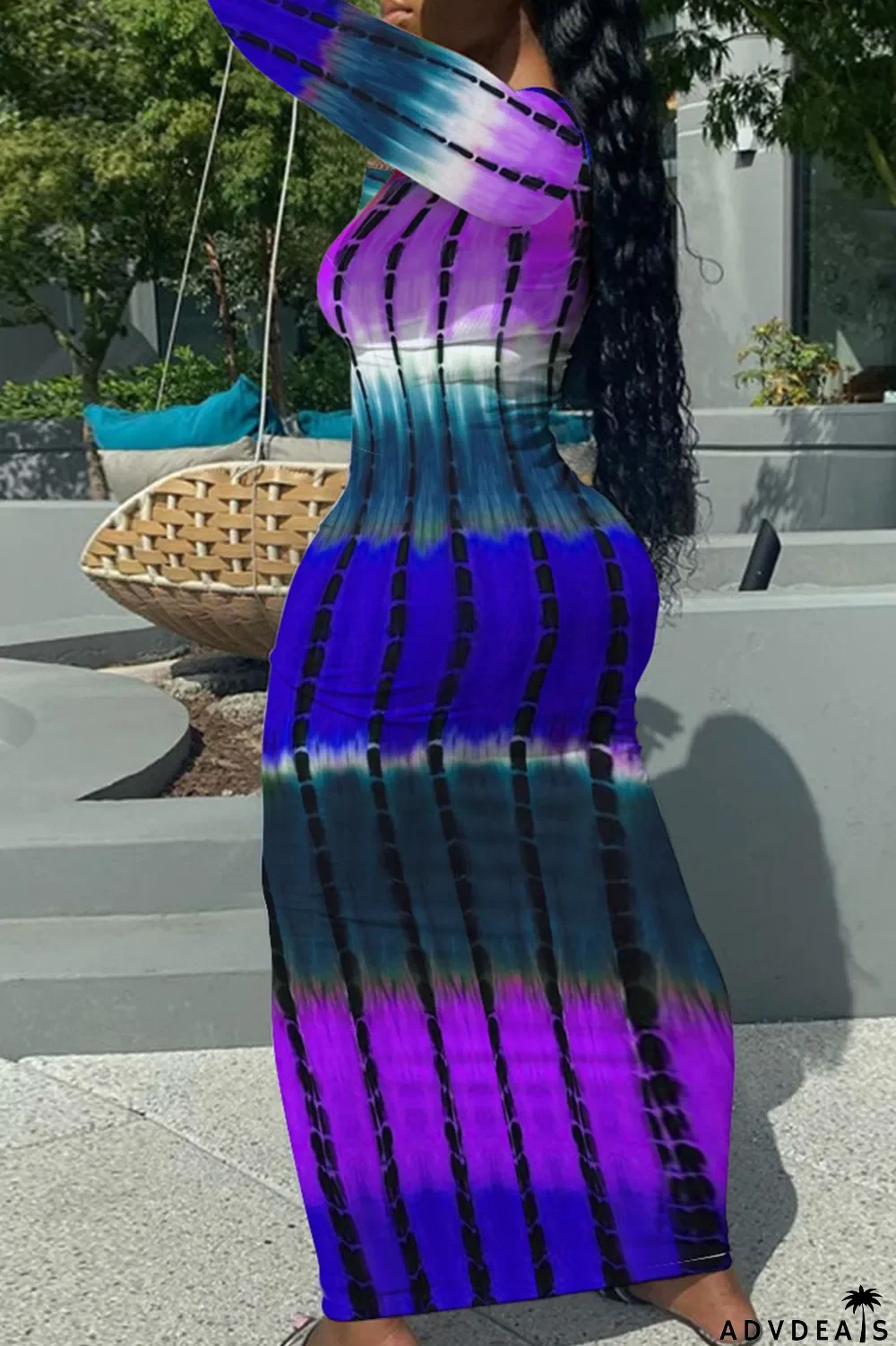 Yellow Casual Print Patchwork U Neck One Step Skirt Dresses