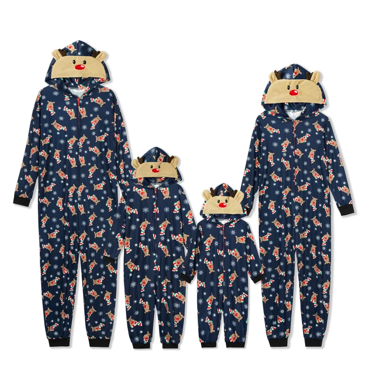 Christmas Reindeer Print Onesie Family Matching Pajamas Sets(Navy Blue)