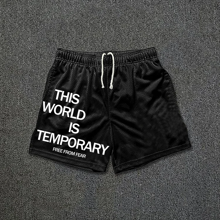 This World Is Temporary Print Drawstring Mesh Shorts SOPULA