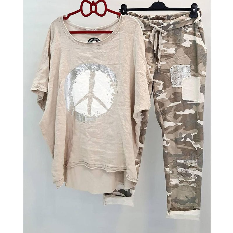 Women's Short Sleeve Top Camo Pants Two Piece Set - vzzhome