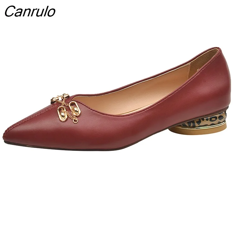 Canrulo Brand Pointed Toe Hardware Chain Solid Genuine Leather Women Ladies Pumps Soft Low Heel Personality Shoes34-39