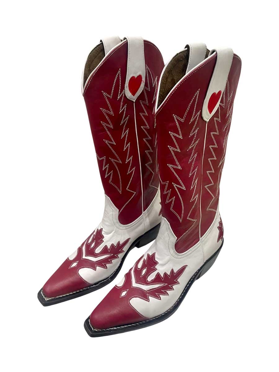 Red and White Snip Toe Chunky Heels Cowgirl Boots for Women