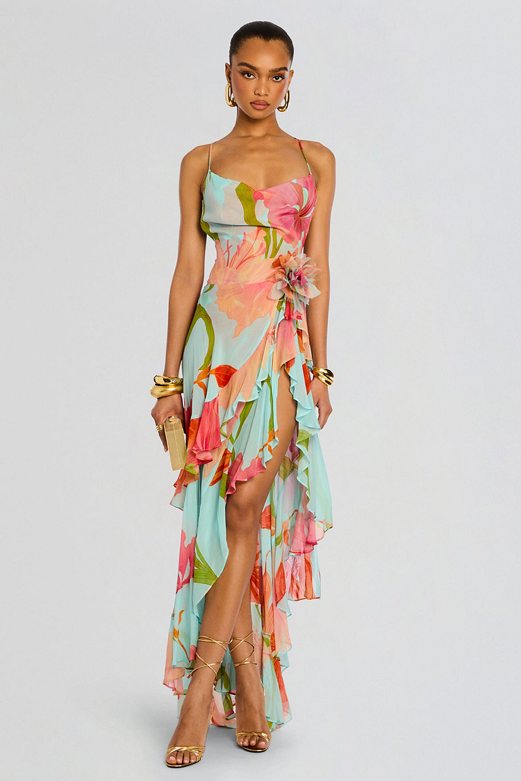 Floral Print Ruffled High Slit Irregular Slip Maxi Dresses-Blue [Pre Order]