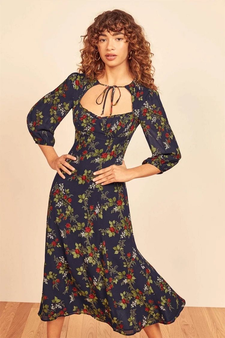Floral Long Sleeve Square Collar Lace Up Midi Dress