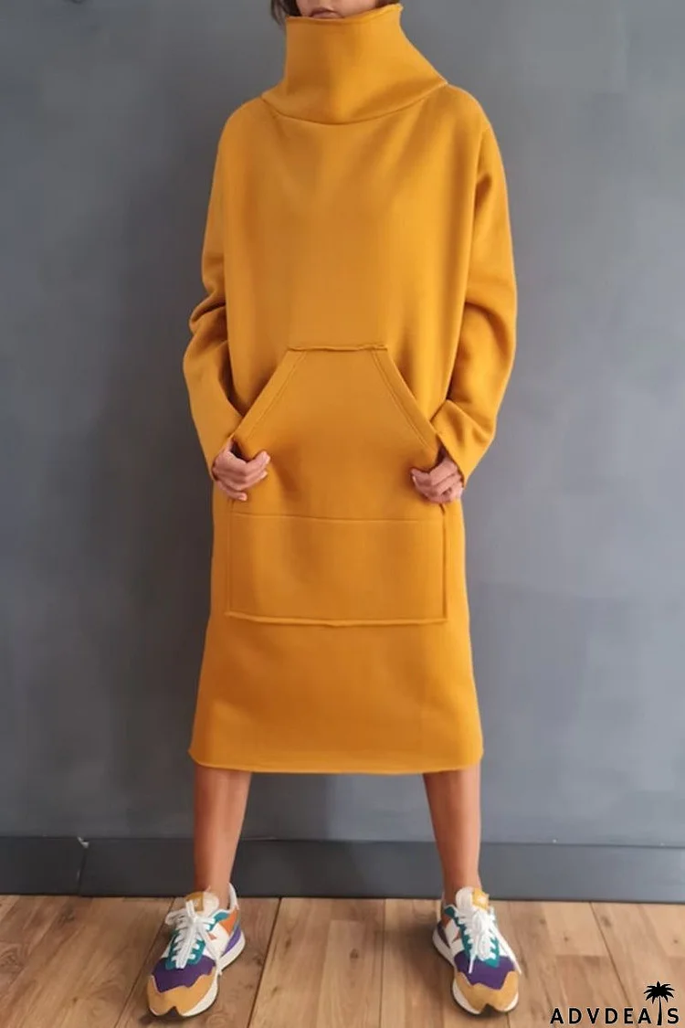 Casual Solid Pocket Turtleneck Long Sleeve Dresses