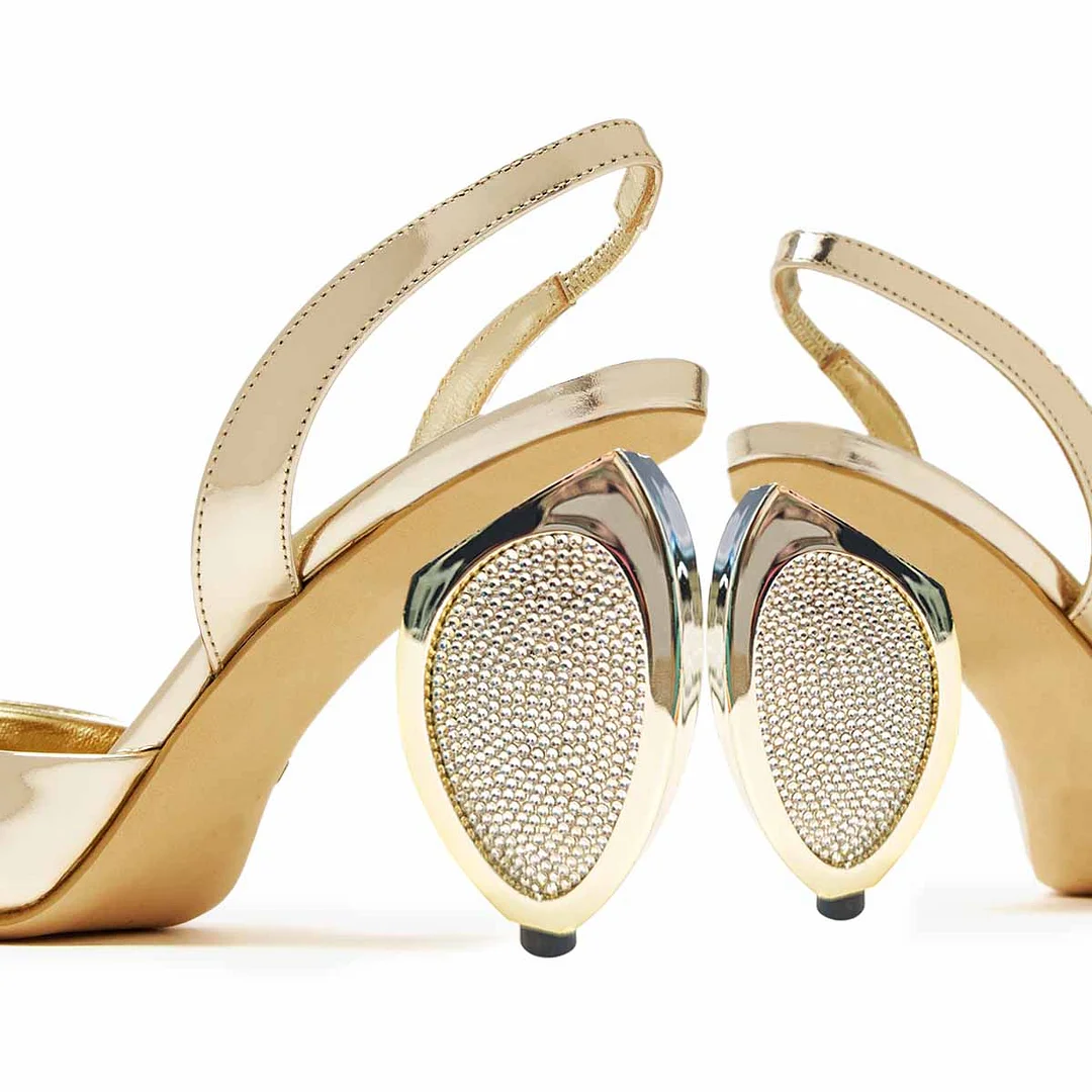 Special Rhinestone Pointed Toe Decorative Heel Slingback Gold Pumps
