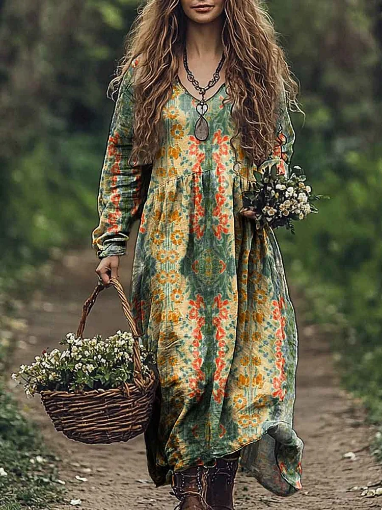 Women's Ethnic Art Print Pocket Cotton V Neck Long Sleeve Dress