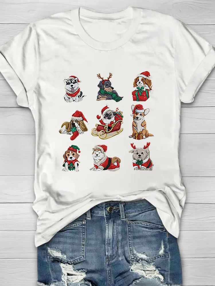 Christmas Dogs Printed Crew Neck Women's T-shirt