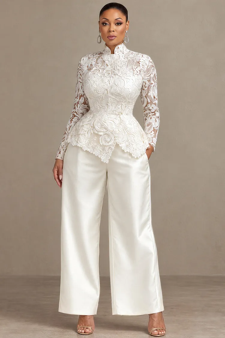 Xpluswear Design Plus Size Business Casual Satin White Mock Neck Long Sleeve Pocket Asymmetric Hem Irregular Hem Lace Two Piece Pant Sets [Pre-Order] 2024 - Xpluswear