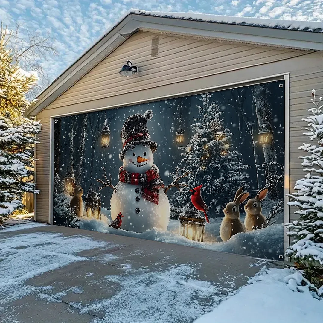 Garage Door Banner Decoration - Snowman and Forest Companions in a Lantern Lit Winter Scene