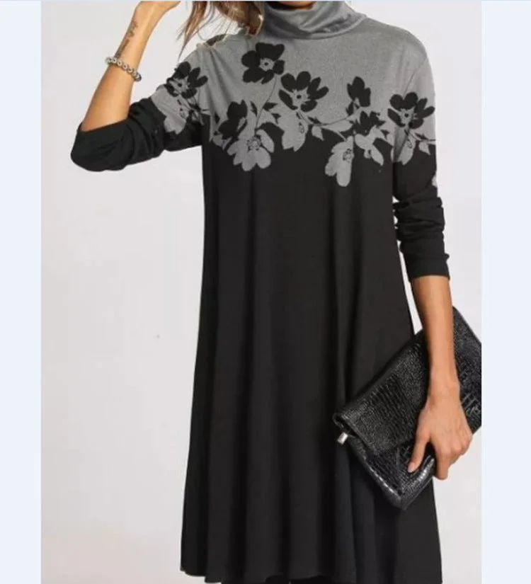 Brownm Fashion Printed Collar Long Sleeves Loose Dresses