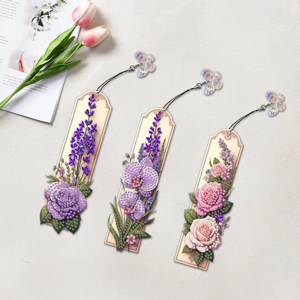 3Pcs Special Shape Flowers Diamond Painting Bookmark Making Kit for Book Lovers