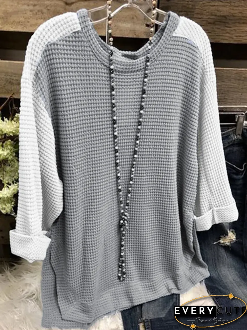 Blue Long Sleeve Cotton-Blend Round Neck Sweater