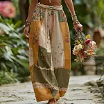 Women's Rose Floral Patchwork Casual Resort Linen Blend Pants - Image 4