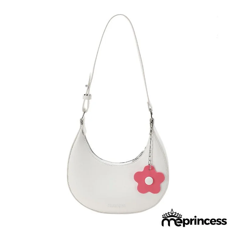 Women Fashion Solid Color Floral Pendant Crescent Zipper Shoulder Underarm Bag