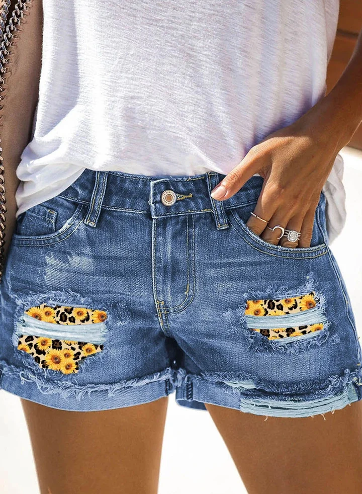 Floral Printed Cuffed Ripped Denim Shorts
