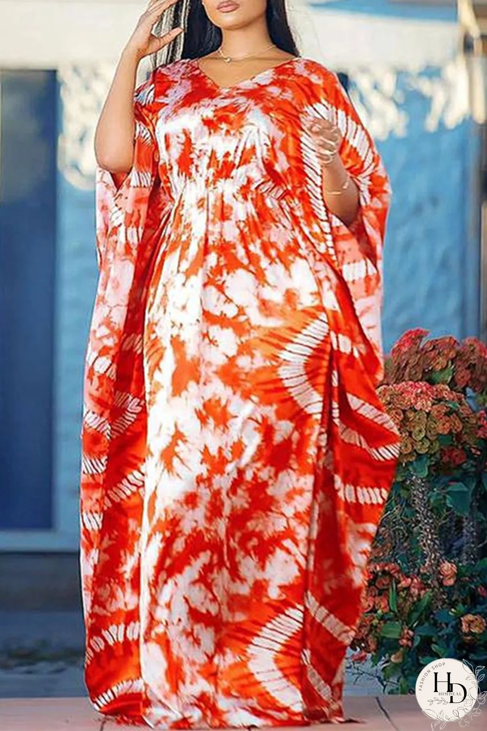 Tangerine Red Fashion Casual Print Patchwork V Neck Long Dress