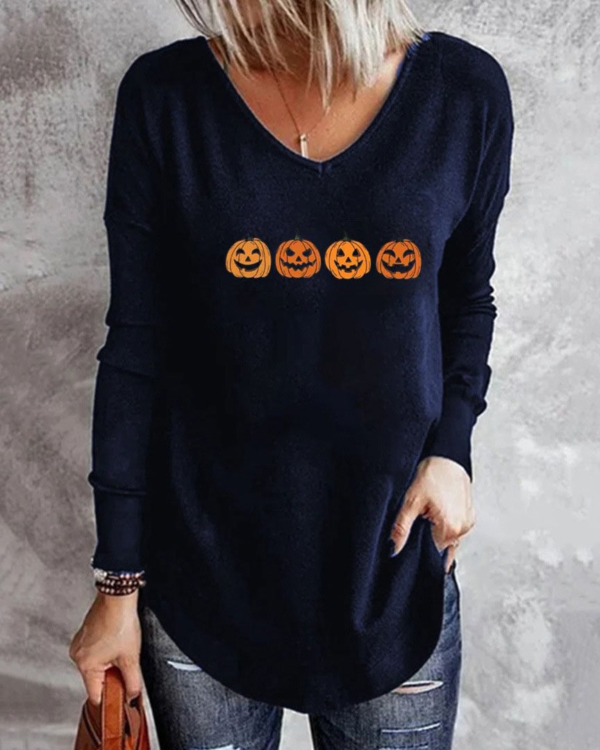 V-neck bottoming long-sleeve Halloween pumpkin print T-shirt