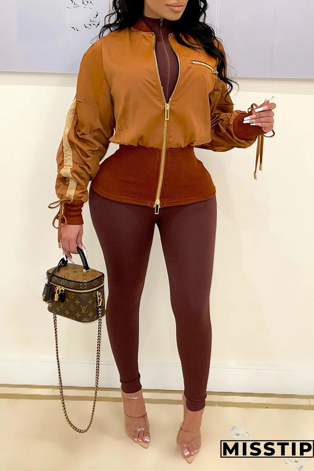 Brown Casual Solid Draw String Zipper Collar Outerwear