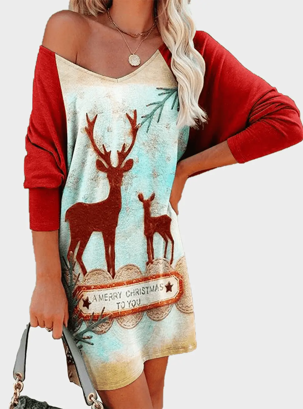  thdmladies Christmas Print V-neck Long Sleeve Dress thedmladies
