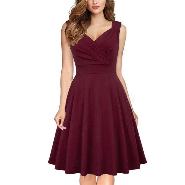 Women 50S Vintage Sleeveless V-Neck A-Line Swing Party Cocktail Dress