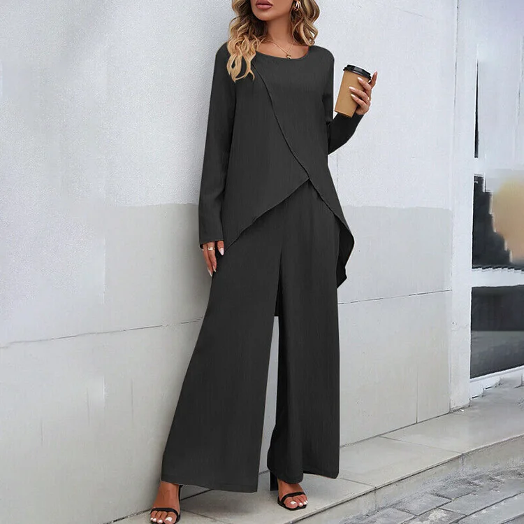 Women's Daily Set Long Sleeved Irregular Top and Elastic Wide Leg Long Pant