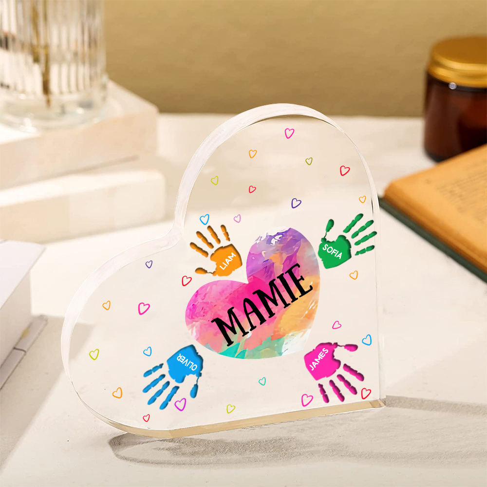 À ma Maman/Mamie - Plaque Acrylique Mains et Enfants en Forme de Cœur 5 Prénoms Personnalisés