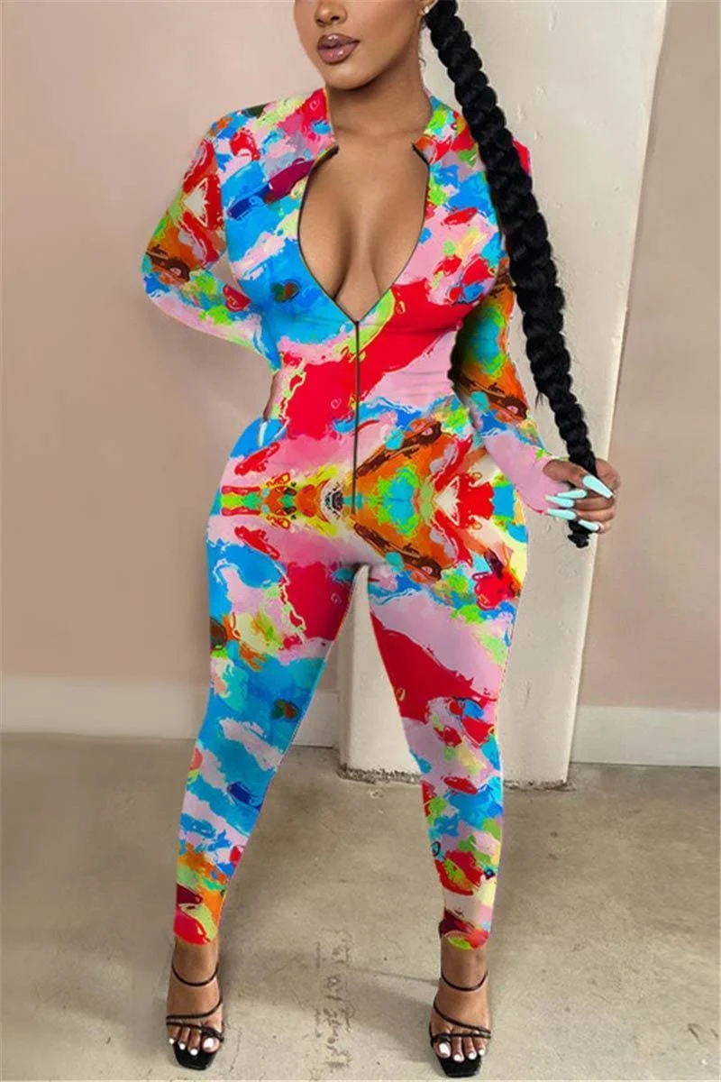 Fashion Zipper Collar Skinny Print Jumpsuits