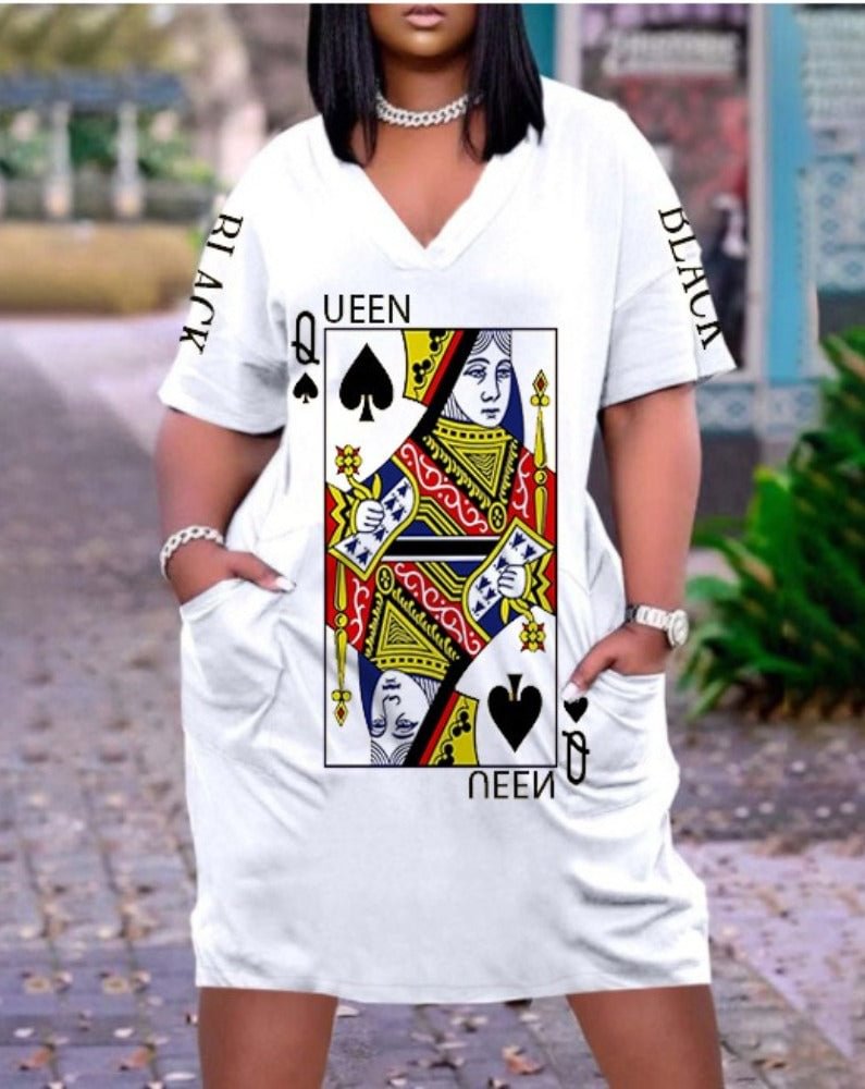 Playing Cards Print Plus Size V Neck Mid Sleeve Dress