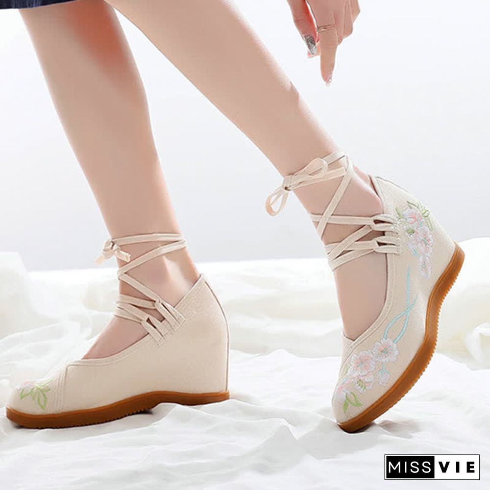Vintage Blossom Embroidery Lace Up Flats Shoes