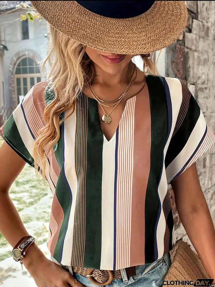 Striped Notched Neck Short Sleeve Blouse