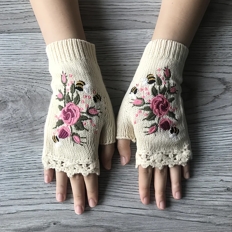 Hand Embroidered Gloves Women's Knitted Gloves Flower Gloves