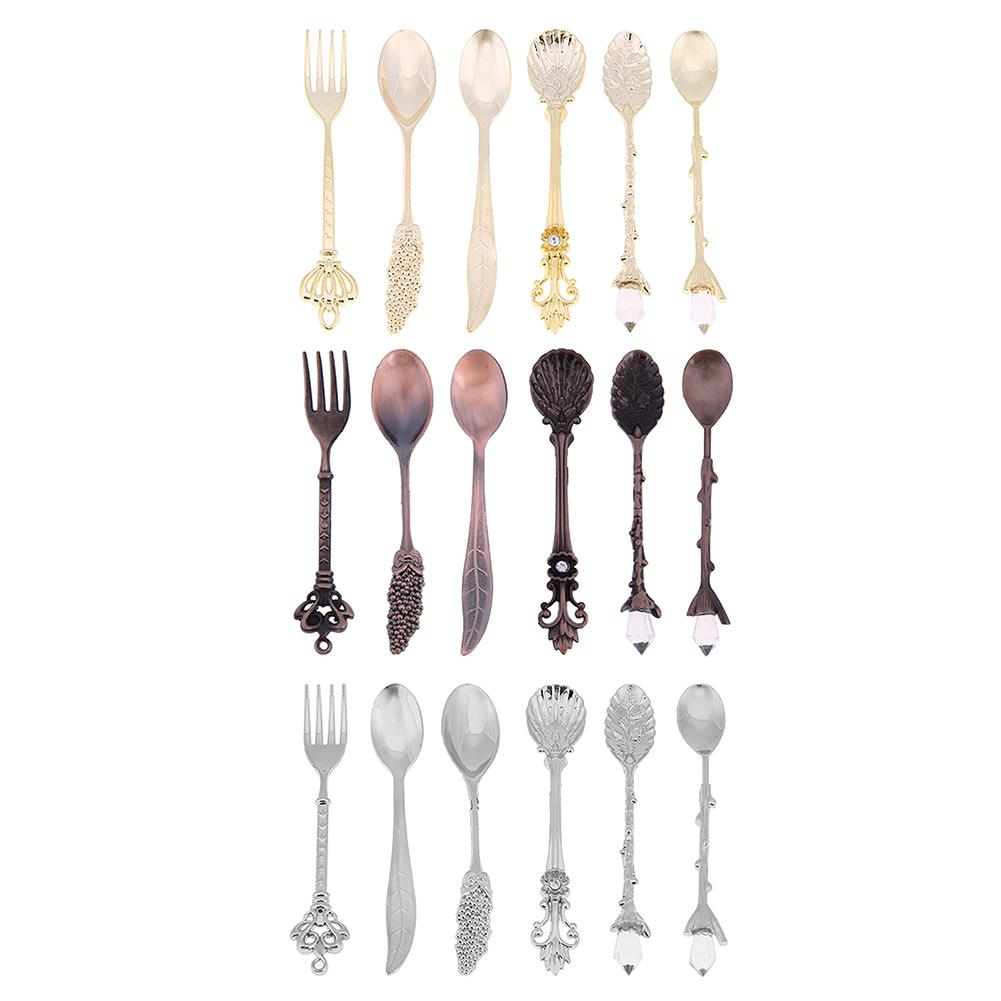 

6pcs/set Vintage Coffee Spoon Metal Carved Fruit Fork Dessert Cake Flatware, Dark brown, 501 Original