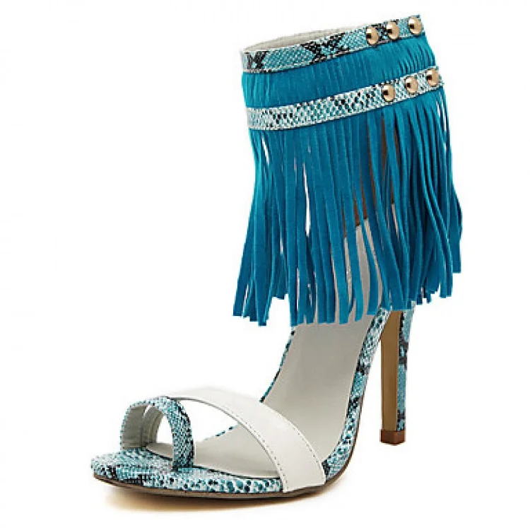 Cobalt Blue Fringe Python Stiletto Heels Open Toe Sandals Vdcoo