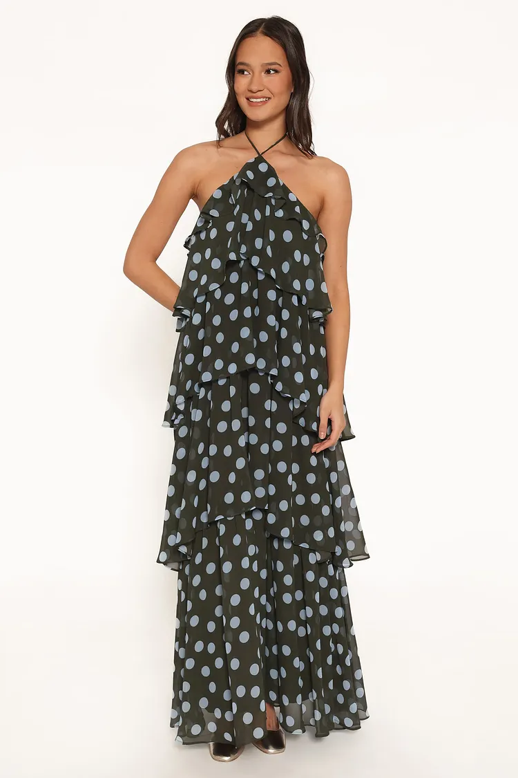 Chasity Halterneck Maxi Dress - Olive Polka Dot