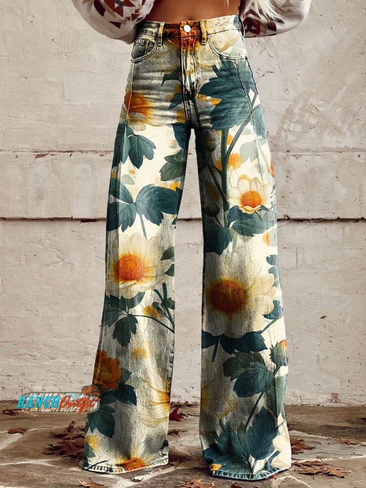 Women’s Daisy Flower Casual Wide Leg Pants Multicolor / S