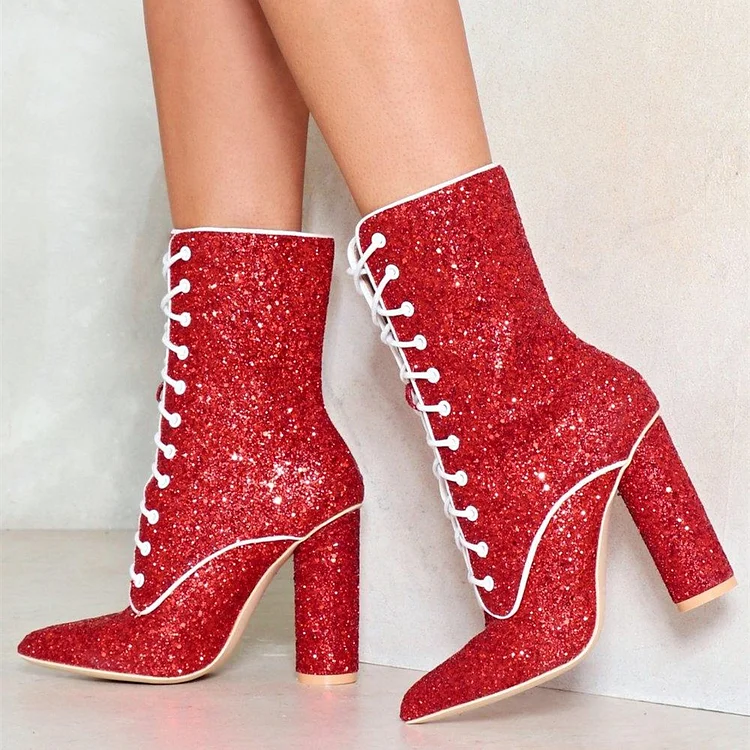 Red Chunky Heel Ankle Boots with Glittery Laces. Vdcoo