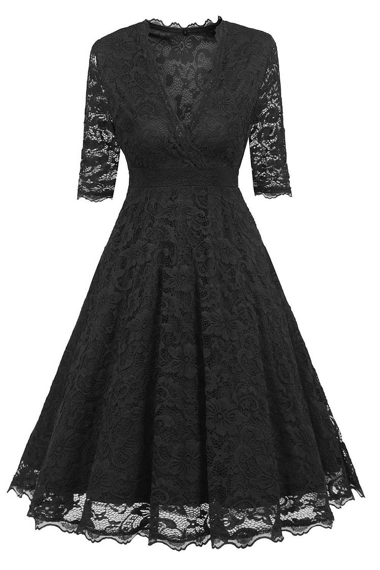 Black V-neck A-line Prom Dress With Half Sleeves - Chicaggo