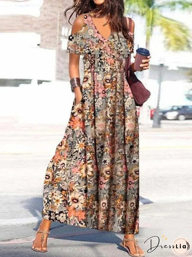 Floral Cold Shoulder Long Dress Maxi Dress Yellow Short Sleeve Floral Spring Summer V Neck Loose Fit S M L XL XXL 3XL for Women