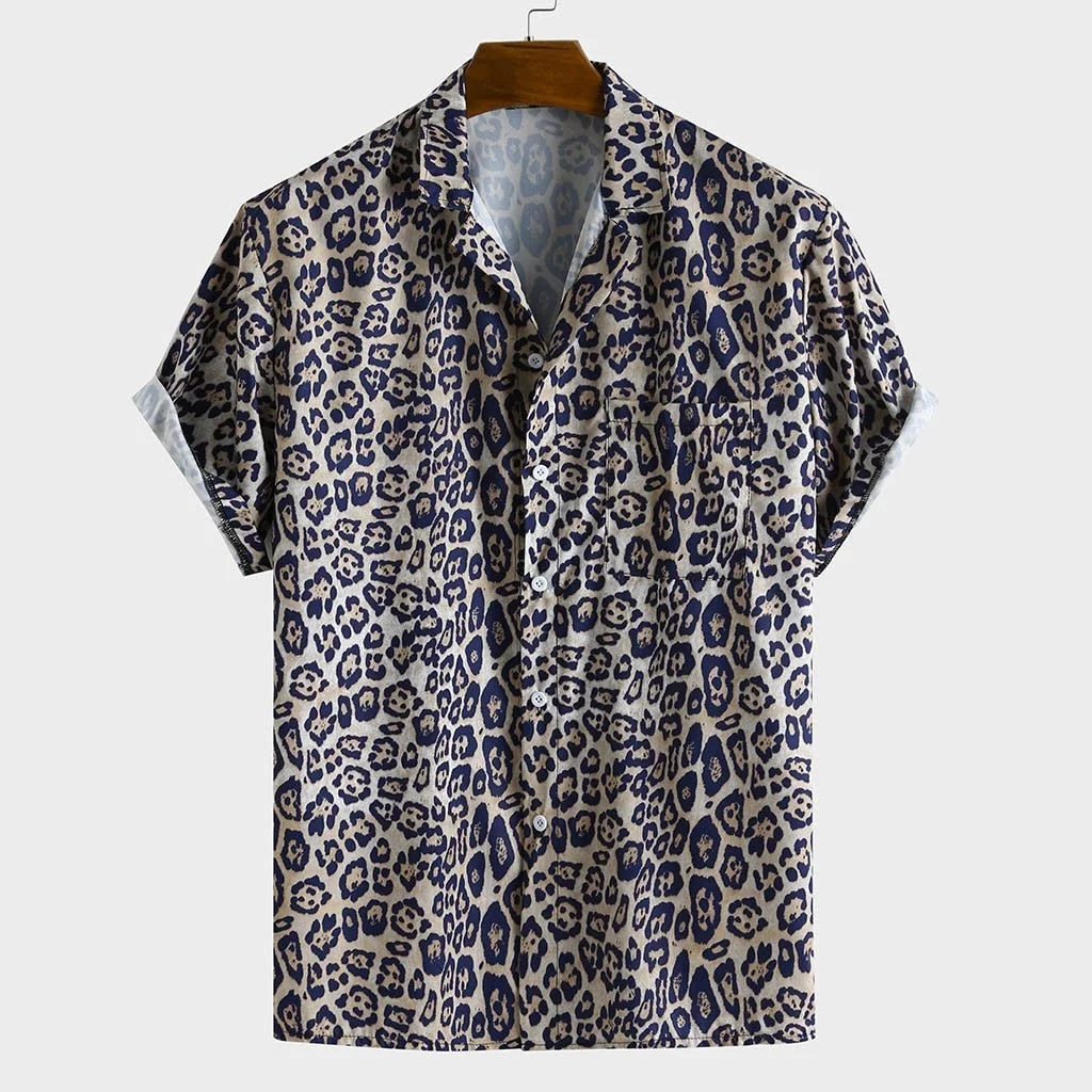 Summer Mens Shirt Top Casual Short Sleeve Hawaiian Shirts Turn Down Collar Leopard Print Shirt Men Dress Male Clothing Tops