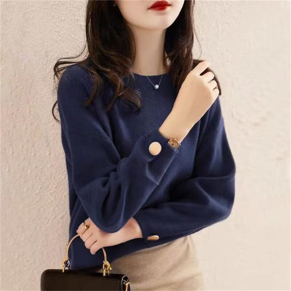 Gamestracks Women Autumn Winter Elegant Loose Fashion Solid Color O-neck Long Sleeve Knitwear Ladies All-match Knitting Bottoming Shirt Tops