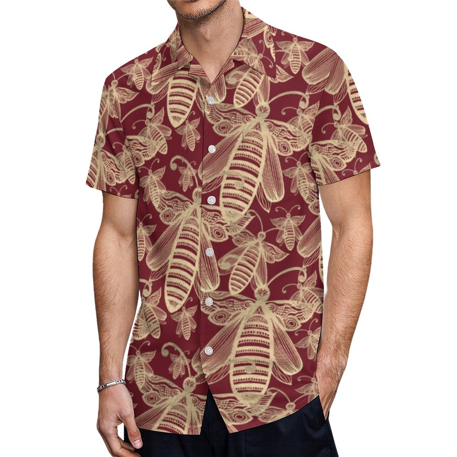 Boho Bee Swarm Chic Pattern Cream On Red Hawaiian Shirt Mens Button Down Plus Size Tropical Hawaii Beach Shirts